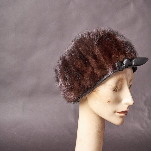 1960s Dark Brown Fur and Leather Hat - Picture 1 of 12